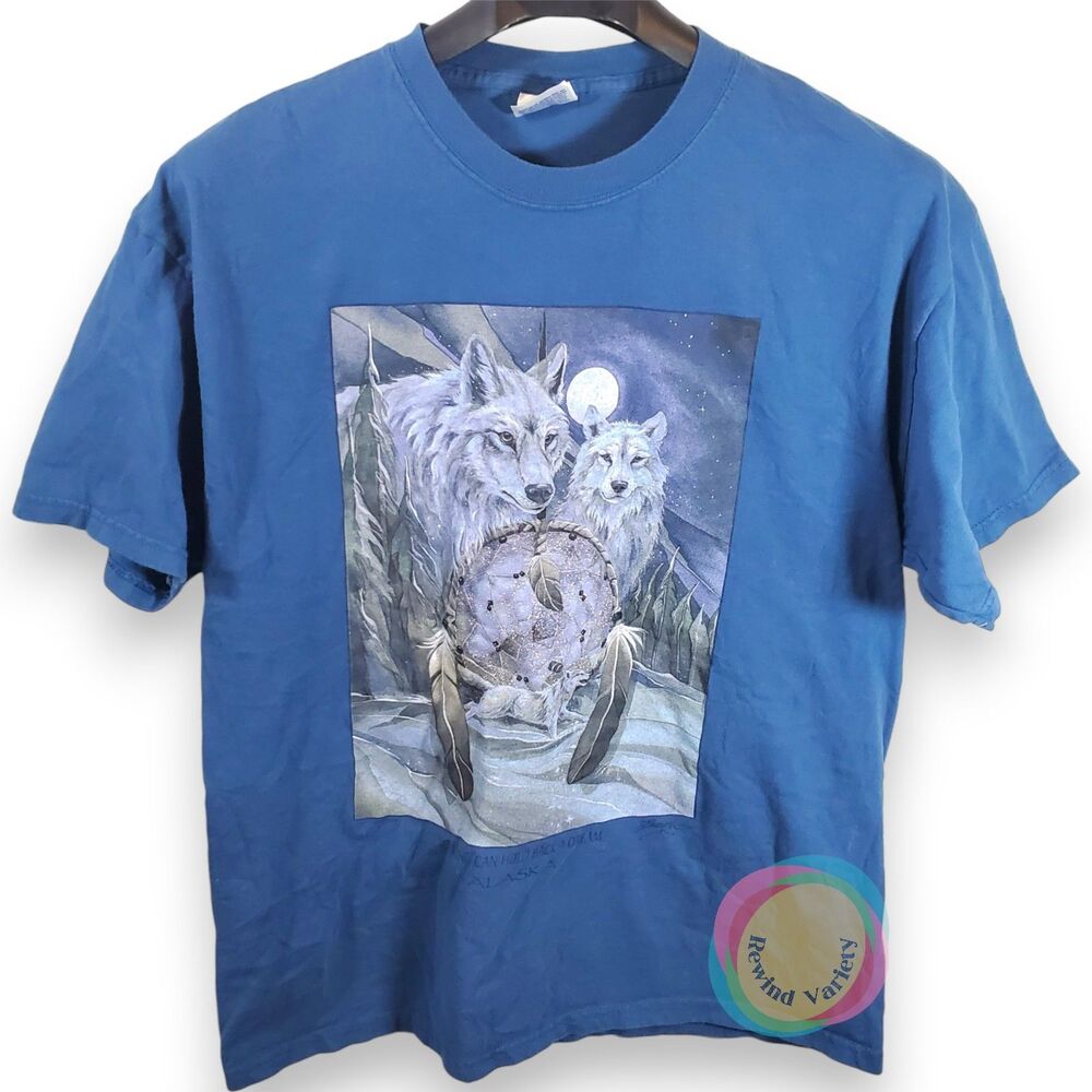 Alaska Wolf Dream Catcher Hanes Beefy Tee XL Blue